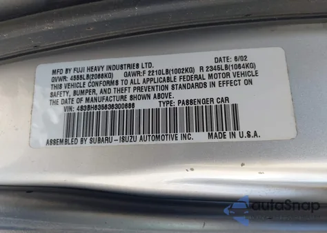 2003 Subaru Legacy L/L W/Special Edition Package из США, поврежденный, VIN 4S3BH635636300686